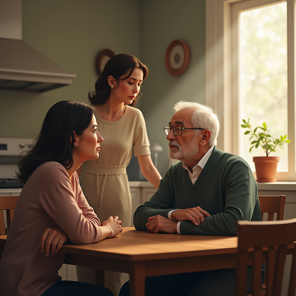 Three people sit at a wooden table; an elderly man looks toward a young woman while another stands nearby.