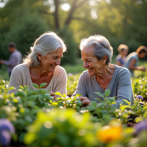 Two smiling elderly women examine plants in a garden, bathed in warm sunlight.