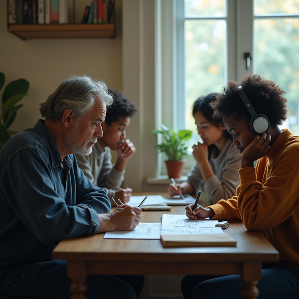 An older man with gray hair mentors two young people at a wooden table covered in sketches.