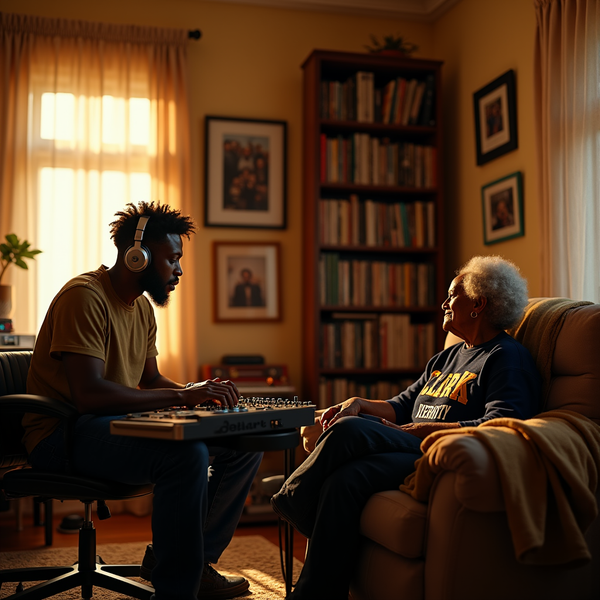 A young man produces music with a controller while an older woman plays chess nearby in a warmly lit living room.