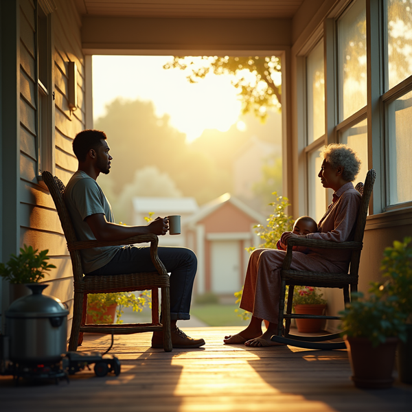 Two generations converse on a porch during golden hour; one holds a baby.