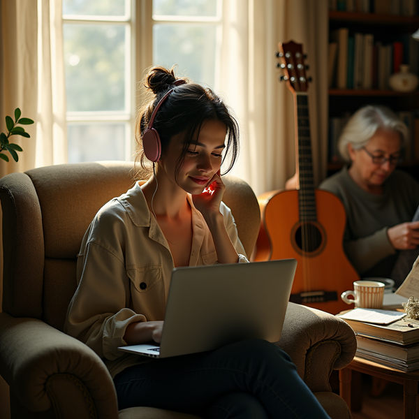 A young woman with headphones uses a laptop while seated on an armchair near an acoustic guitar and older person.