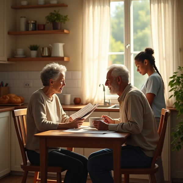 An elderly couple sits at a table reviewing documents while a younger woman works nearby in a sunlit kitchen.