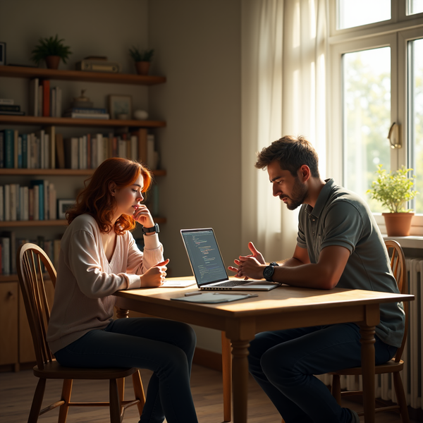 Two adults sit at a wooden table discussing something on a laptop screen in a bright, book-lined room.