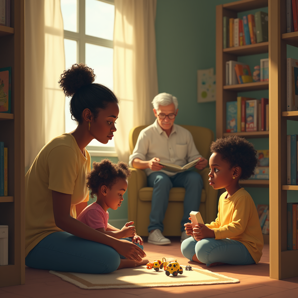A young woman sits with two children playing toys while an older man reads nearby in a sunlit room lined with bookshelves.