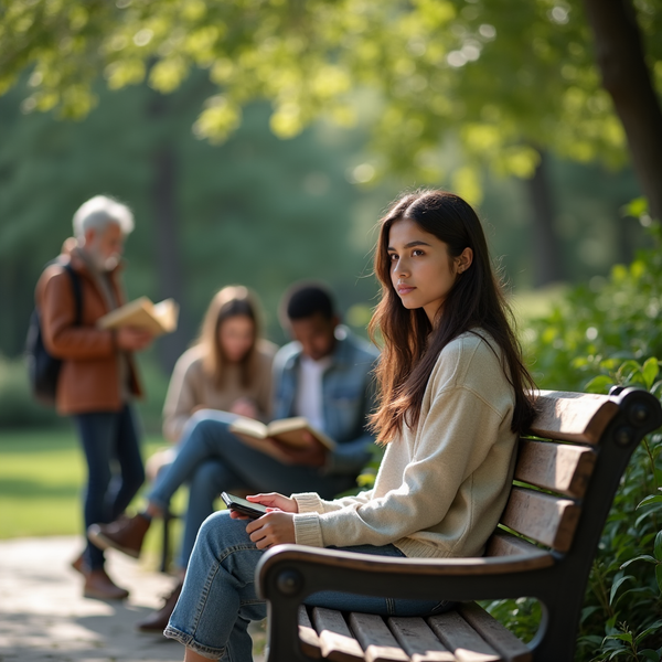 A young woman sits on a wooden bench looking ahead while others read nearby in a park.