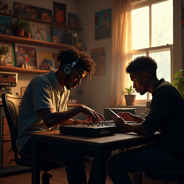 Two young men create music on a midi controller at a table near a sunlit window.