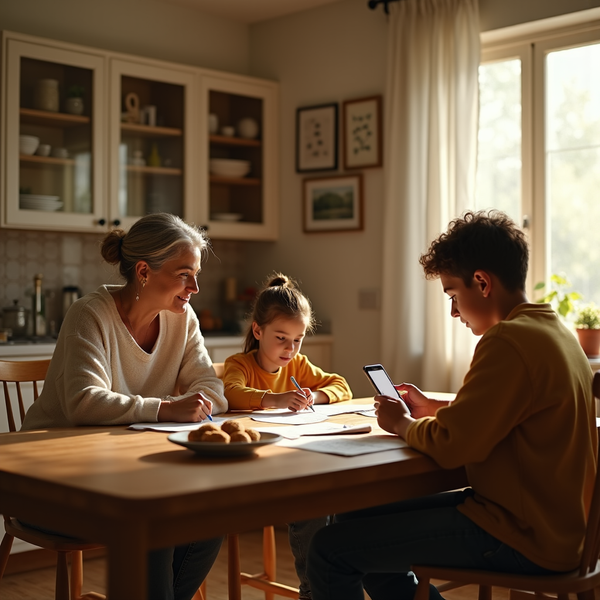 An older woman smiles at a young girl and boy seated around a wooden table with papers and a smartphone.