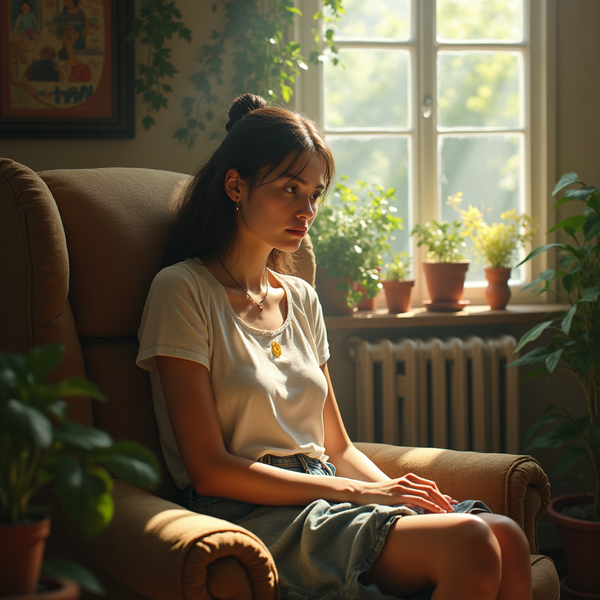 A young woman sits in a cushioned armchair bathed in sunlight filtering through a window with potted plants nearby.