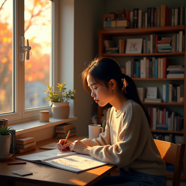 A young woman sketches in a notebook at a wooden desk bathed in warm afternoon light from a nearby window.