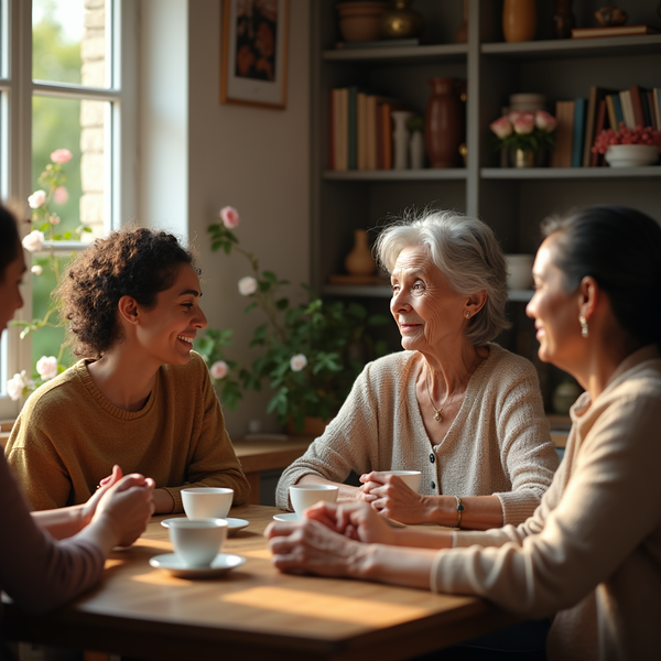 Three women sit at a wooden table, smiling and conversing while enjoying tea in a sunlit room.