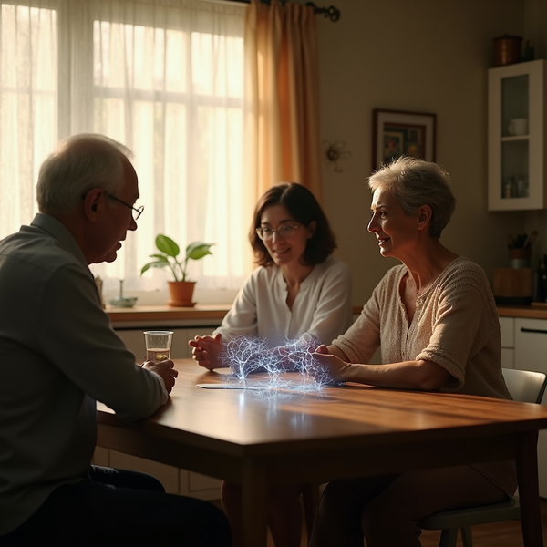 Three smiling adults sit at a wooden table with a glowing blue object hovering between them.