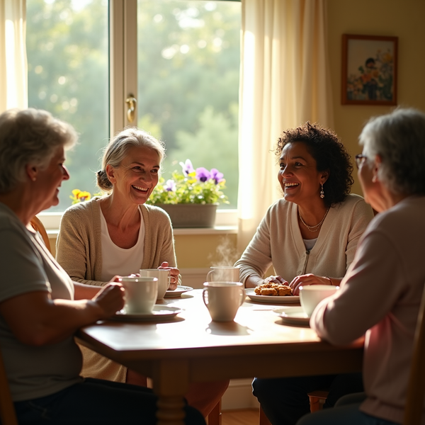 Four women sit at a table enjoying drinks and conversation near a sunlit window with potted flowers.