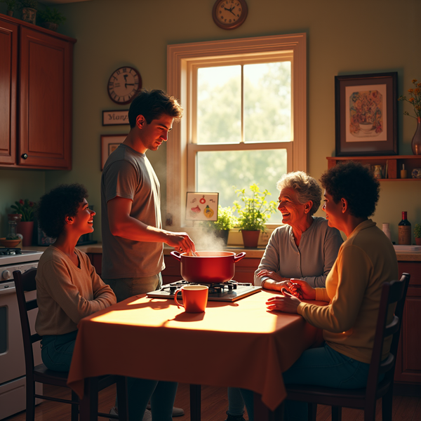 A young man cooks a pot of soup while three people sit around a table in a warm, sunlit kitchen.