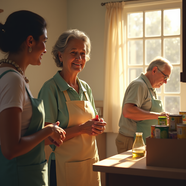 Three people stand near a window with canned goods on a counter, smiling and engaged in conversation.