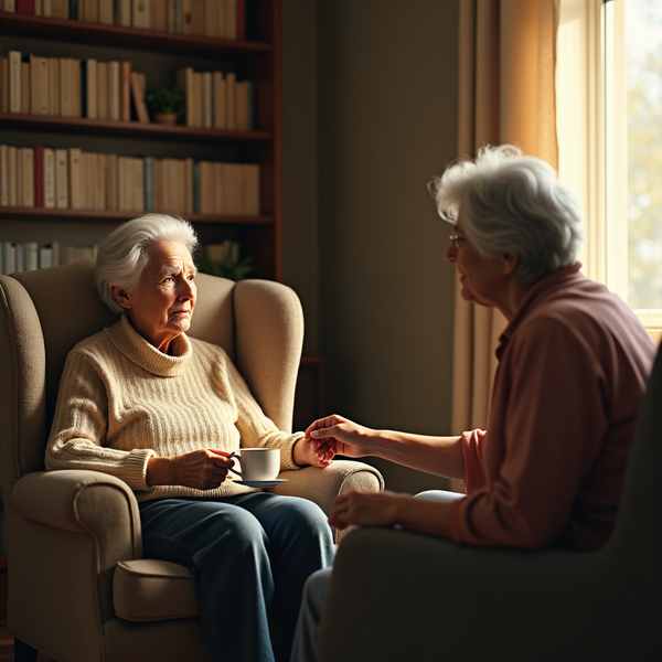 Two elderly women sit in armchairs, holding hands and conversing near a window with natural light.