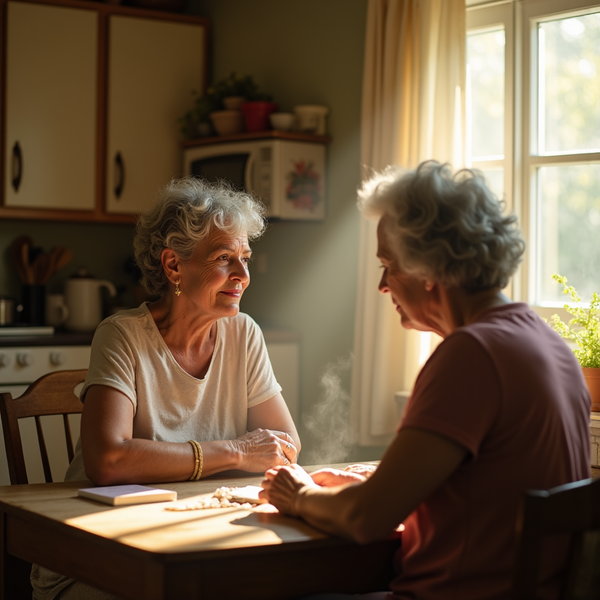 Two older women with silver hair sit at a table bathed in warm sunlight near a window.