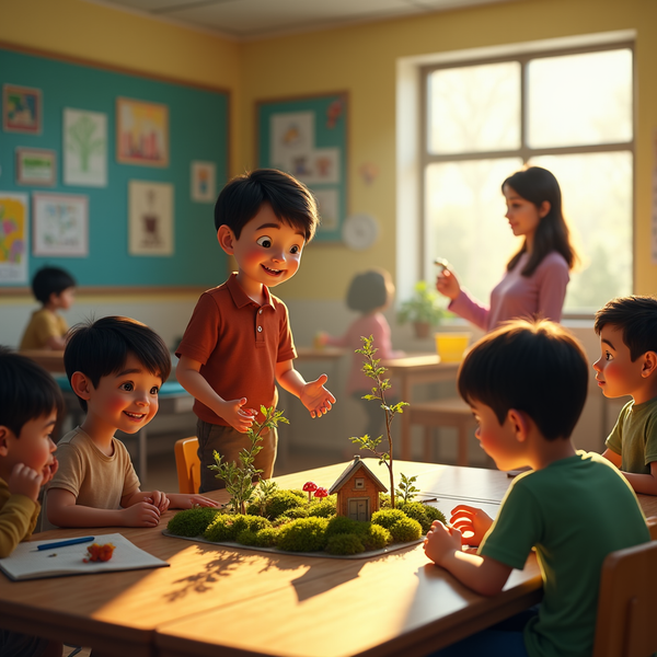 A young boy presents a miniature garden with a tiny house to his classmates at school.