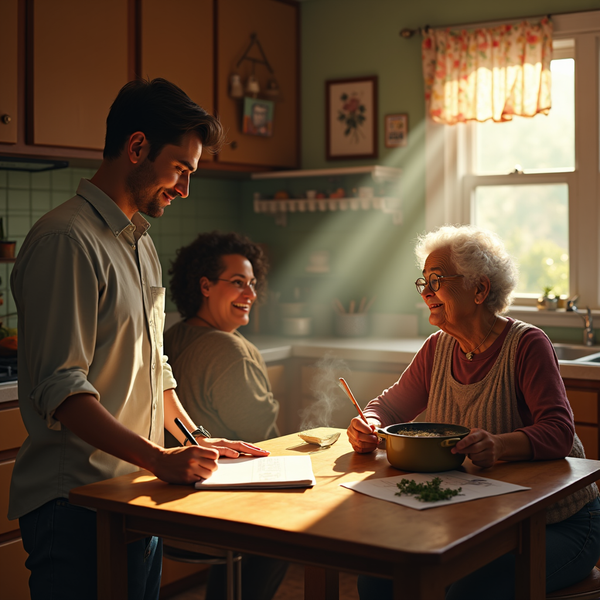 Three generations share a warm kitchen moment while sketching and cooking together.
