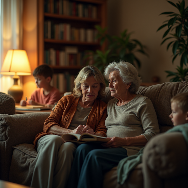 Two women sit on a sofa reading a book with two young boys nearby in a warmly lit living room.