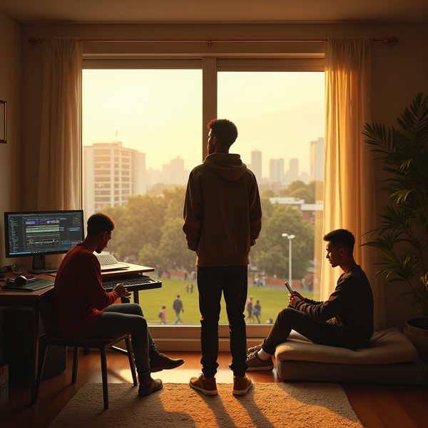 Three young men relax in a sunlit room overlooking a cityscape with a soccer field below.