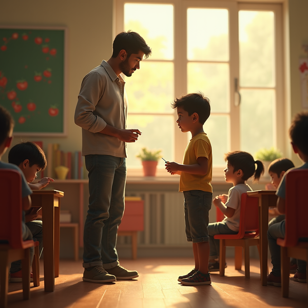 A teacher leans down to a young student holding a pencil in a sunlit classroom with other children seated at desks.