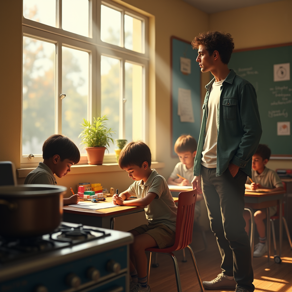 A teacher stands near children seated at desks, bathed in warm light from a window with a potted plant nearby.