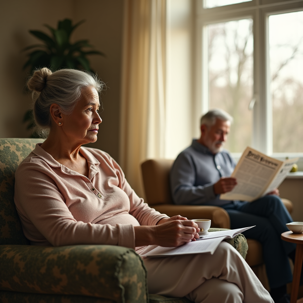 An older woman with gray hair sits in a chair holding a teacup, while an older man reads a newspaper nearby.