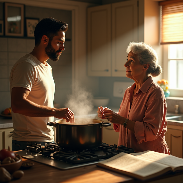 A young man and older woman stir a steaming pot on a stove in a warm, sunlit kitchen.