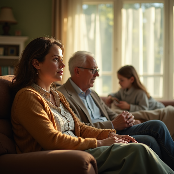 A multigenerational family sits on a couch together, bathed in warm light from a window.