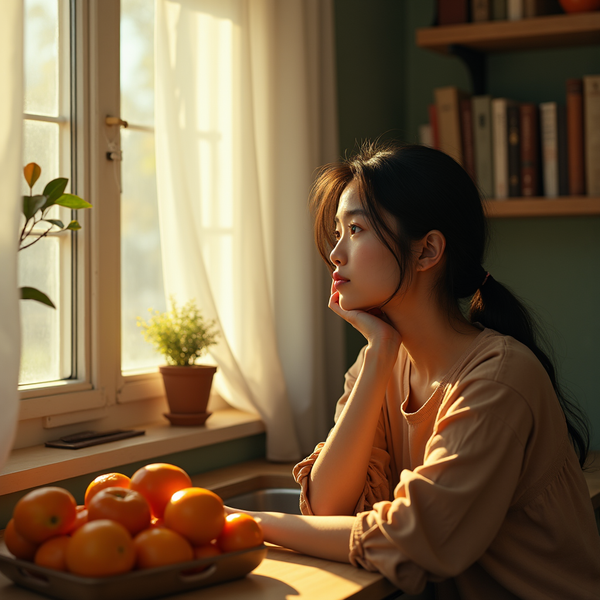 A young woman gazes out a sunlit window with oranges and potted plants nearby.