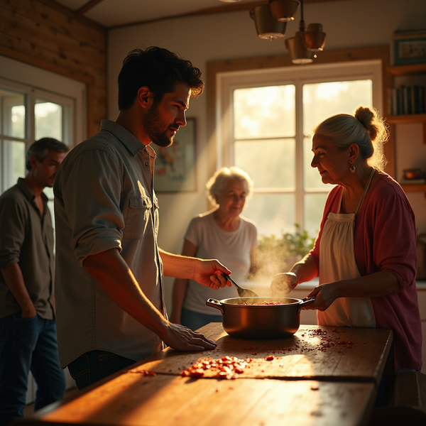A younger man and elderly woman cook together in a sunlit kitchen, while another person watches nearby.