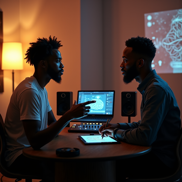 Two men with beards face each other at a table with digital equipment and a screen displaying a brain graphic.