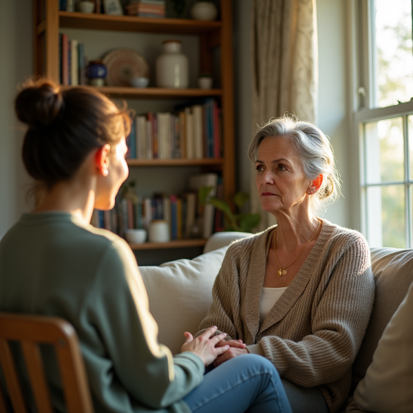 Two women sit on a couch, holding hands and engaged in conversation in a sunlit room.
