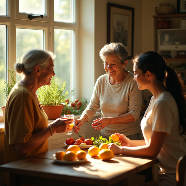 Three people sit at a table laden with fruit and vegetables, bathed in warm sunlight.