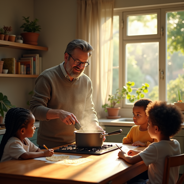 A man in glasses stirs a pot on a stove while three children draw at a table in a sunlit kitchen.