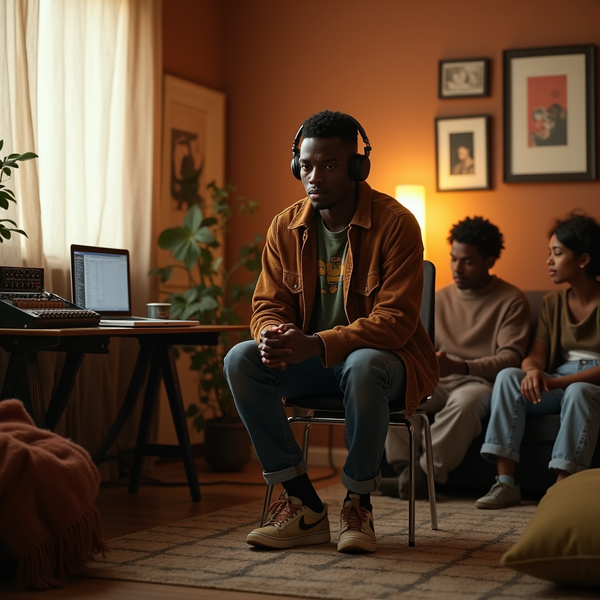 Three young adults listen to music in a warmly lit living room with artwork and plants.