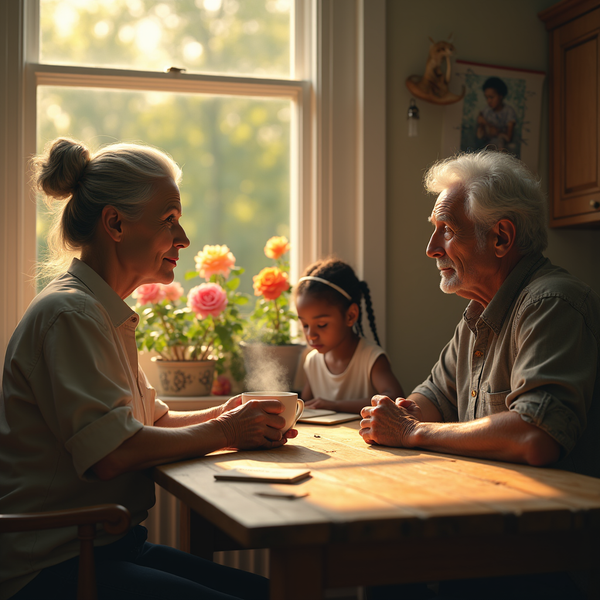 An elderly couple sits at a wooden table, sharing a moment with a young girl bathed in warm light from a window.
