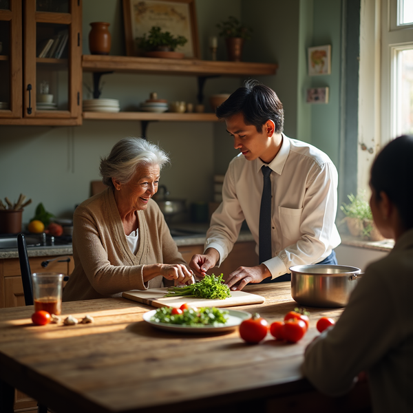 An elderly woman and a young man prepare food at a wooden table with fresh produce and herbs.