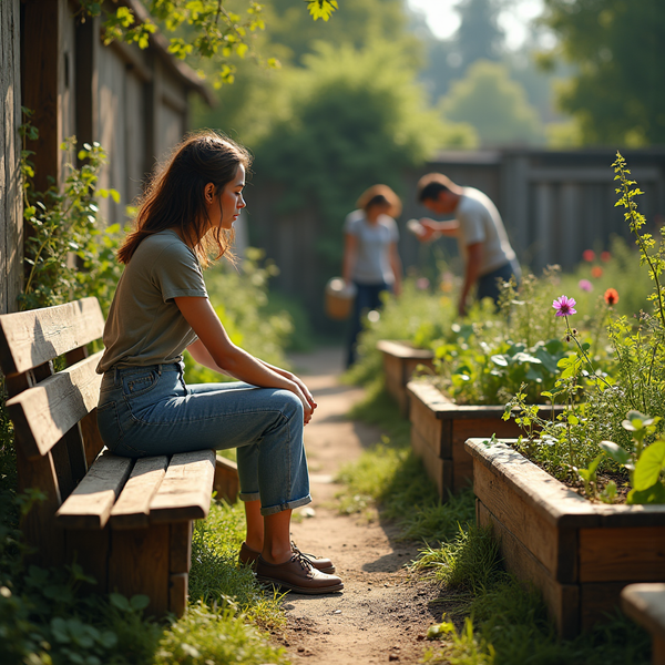 A woman sits on a wooden bench in a garden, while a couple tends to raised flower beds in the background.