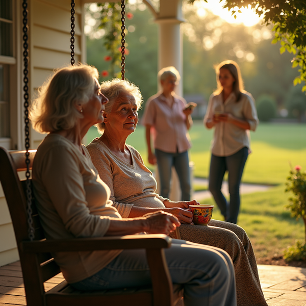 Two older women sit on a porch swing, while two younger women stand nearby in the warm evening light.