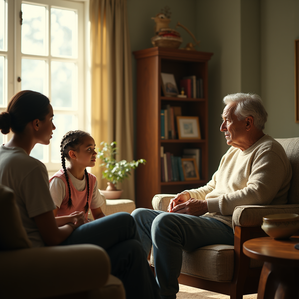 An elderly man sits and speaks with a young girl and woman in a warmly lit living room with a bookcase.