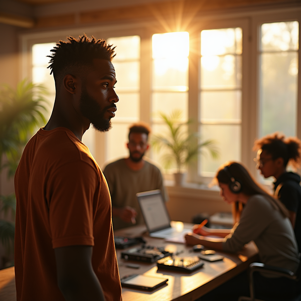 A young man with dreadlocks looks over his shoulder at colleagues working on laptops and music equipment in a bright room.