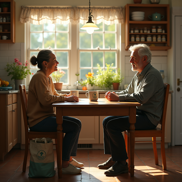 Two older adults sit at a kitchen table, smiling and holding mugs, bathed in warm sunlight.