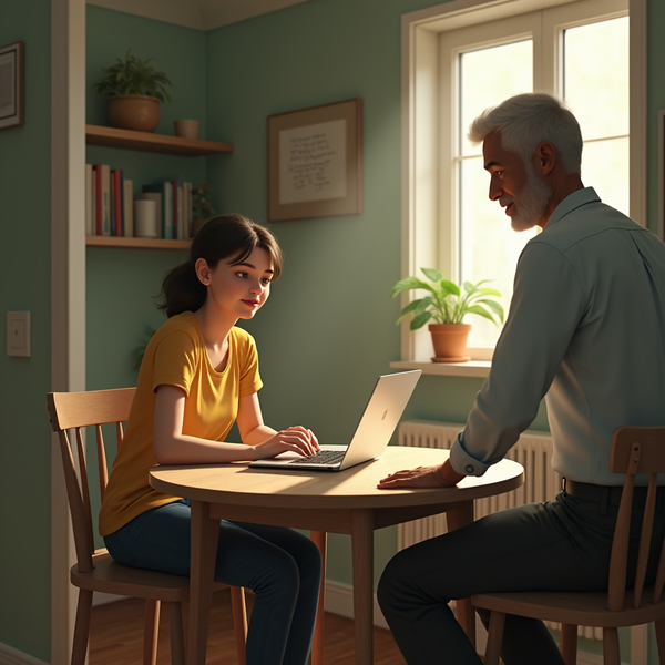 A young woman and older man sit at a table, she types on a laptop while he looks on.