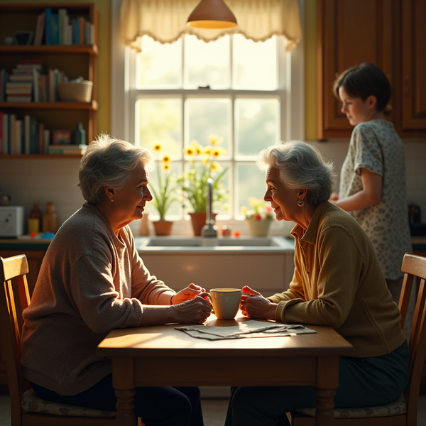 Two elderly women sit at a table, holding hands and smiling, with a child visible in the background.