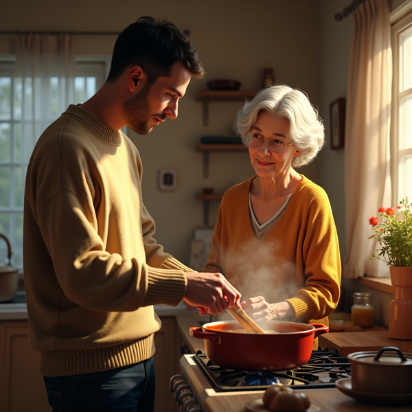 A young man and elderly woman cook together in a cozy kitchen, sharing a wooden spoon.