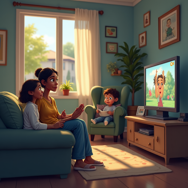 A woman and two children watch a cartoon on TV in a brightly lit, cozy living room.