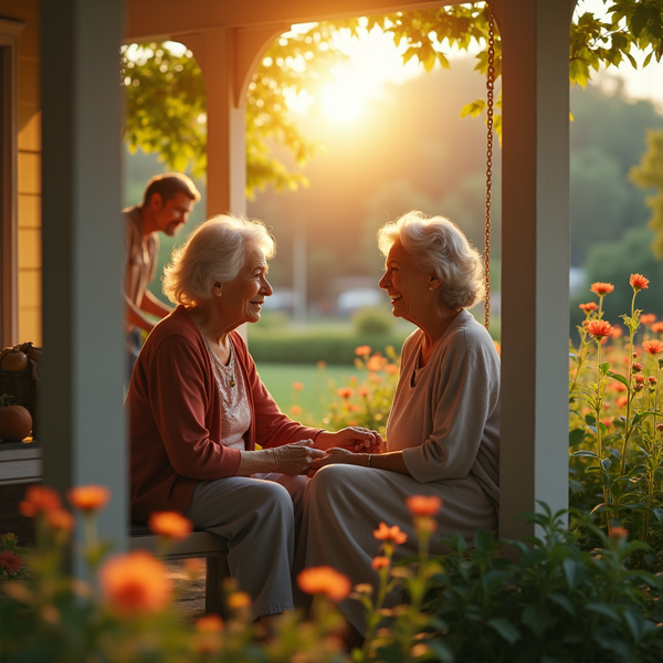Two elderly women holding hands and smiling on a porch swing, bathed in warm sunlight.