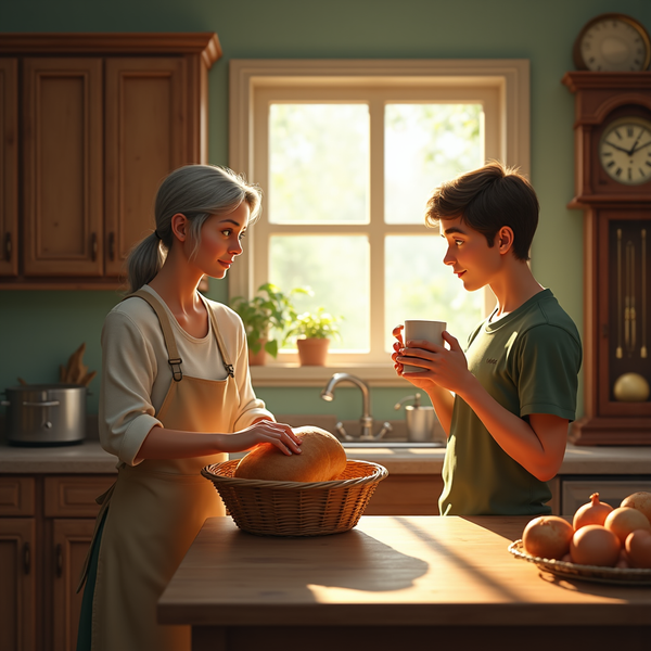 Two people stand in a sunlit kitchen, a basket of bread between them, and a grandfather clock nearby.